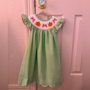 Green Smocked Kids Dress with Pumpkin and Bow Design